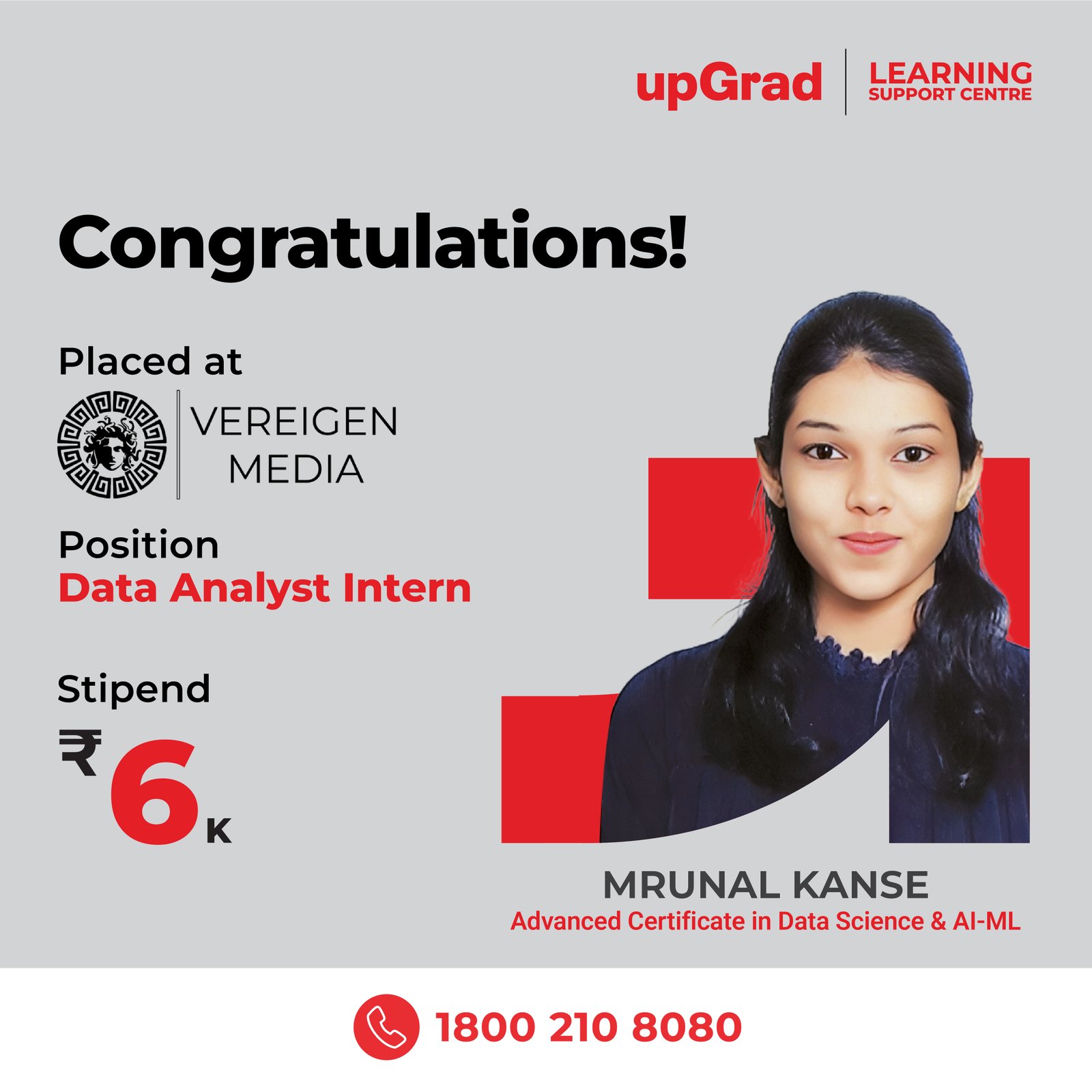 Mrunal Kanse placed at Vereigen Media as a Data Analyst Intern with a stipend of 6K